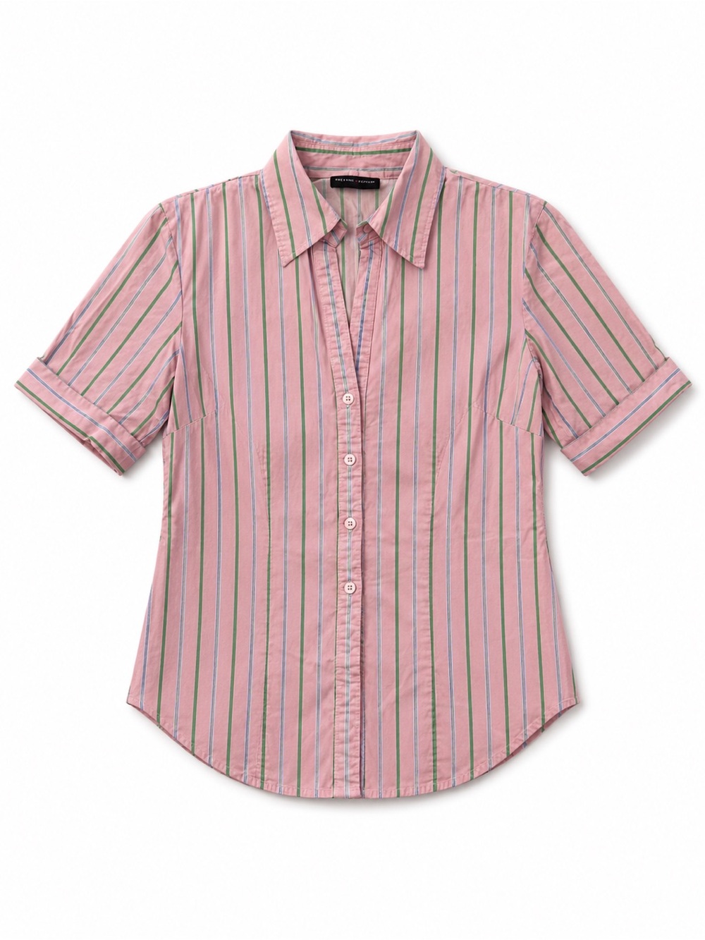 NEW YORK AND COMPANY STRETCH STRIPED SHIRT WOMENS XSMALL PINK FITTED BUTTON DOWN